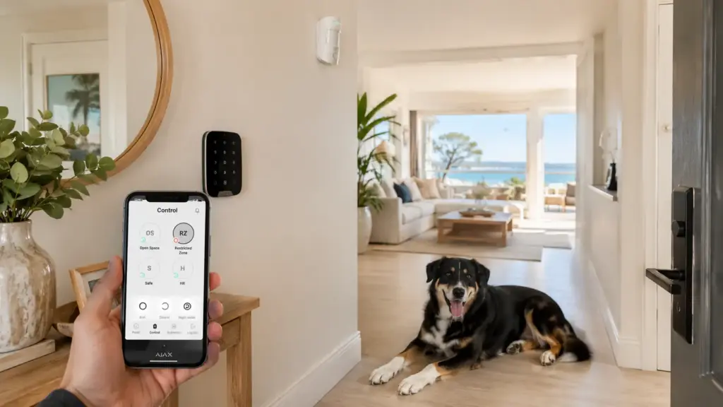 Ajax alarm app used to manage a pet-friendly home security system
